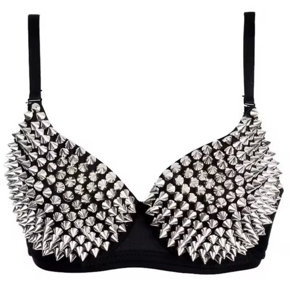 SEXY Edgy Black & Silver STUDDED Spiked Bra S-XXL - Picture 2 of 12